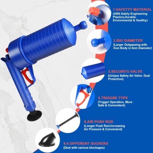 Toilet Plunger, Drain Blaster, Sink Plunger, Drain Clog Remover, Drain Blaster Gun, Toilet Plunger-Blue for Household