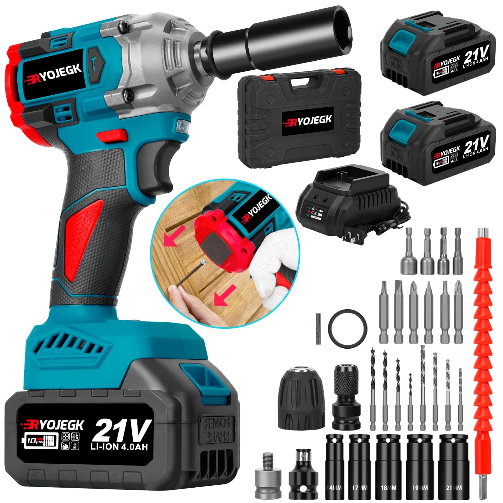 Cordless Impact Gun, 21V Impact Wrench, Socket Screw Drill Converter & Fast Charger, Compact Impact Wrench for Household Tool Car