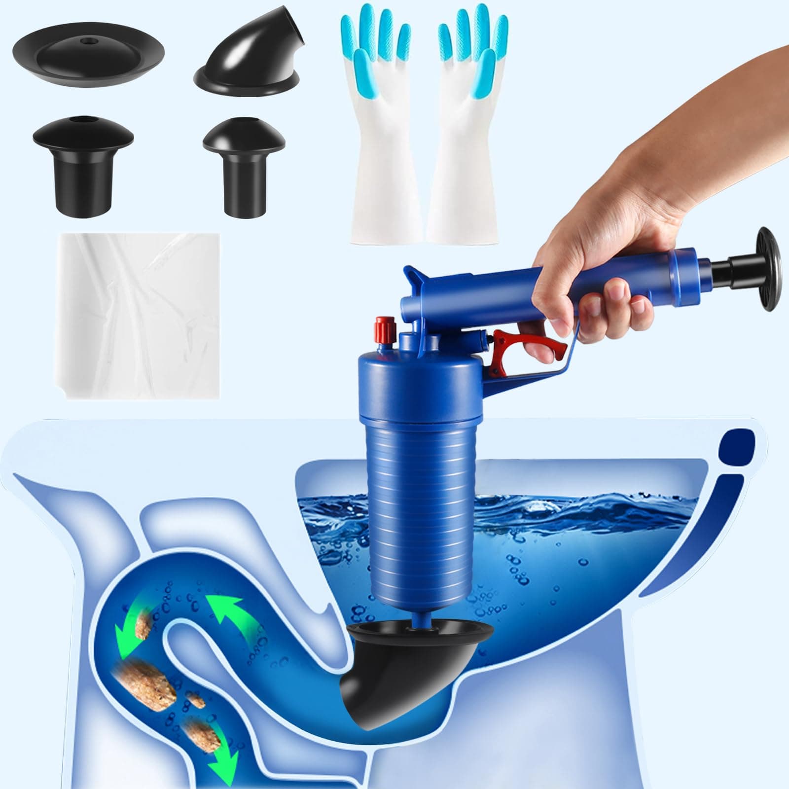 Toilet Plunger, Drain Blaster, Sink Plunger, Drain Clog Remover, Drain Blaster Gun, Toilet Plunger-Blue for Household